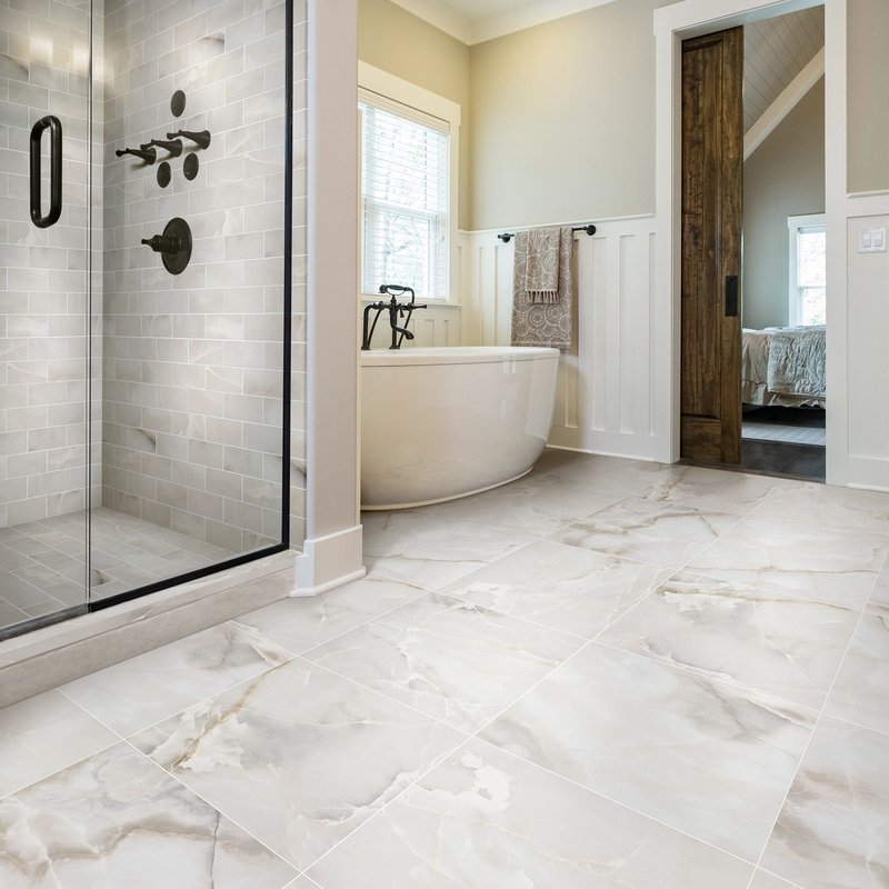 Tile flooring in a modern bathroom